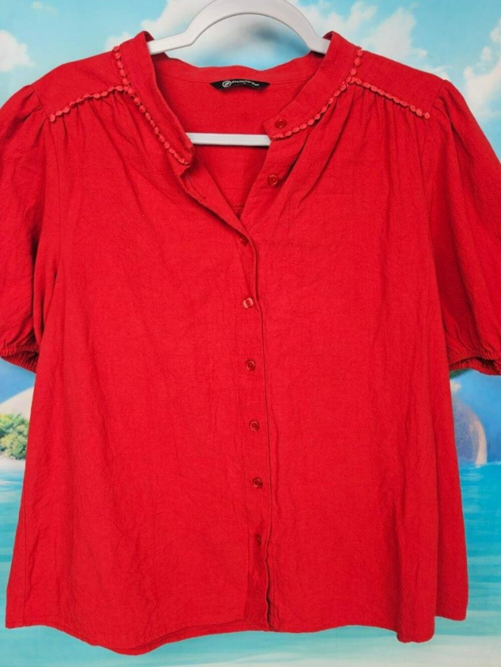 Red Button-Up Cotton Blouse Short Sleeved Womens L Large Office PrettyGarden